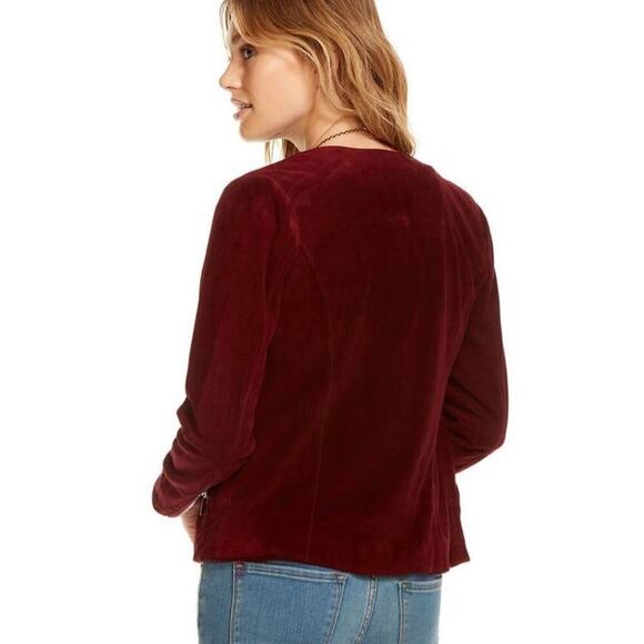 Chaser Coco Collarless Suede Leather Jacket Maroon Size M - Picture 2 of 6